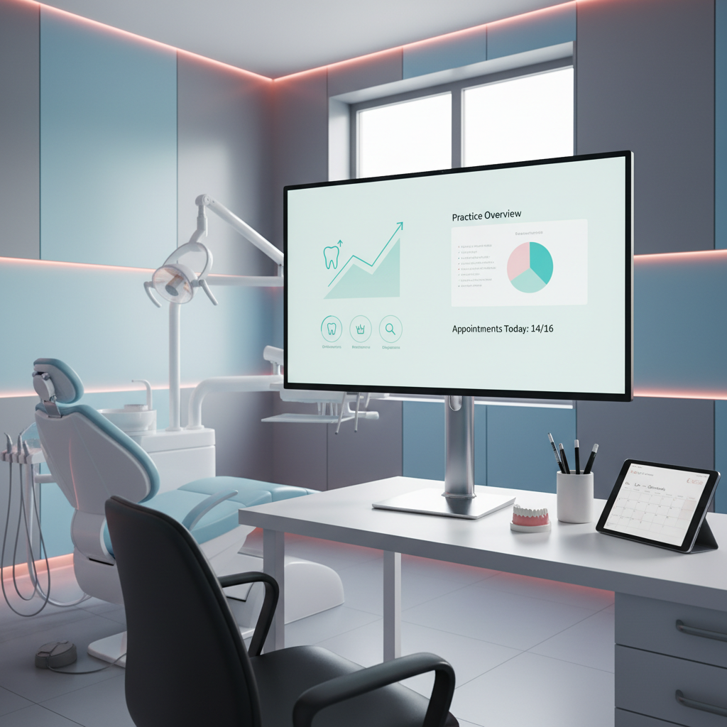 Modern dental workspace with computer dashboard, treatment chair, and organized notes in calm tones.