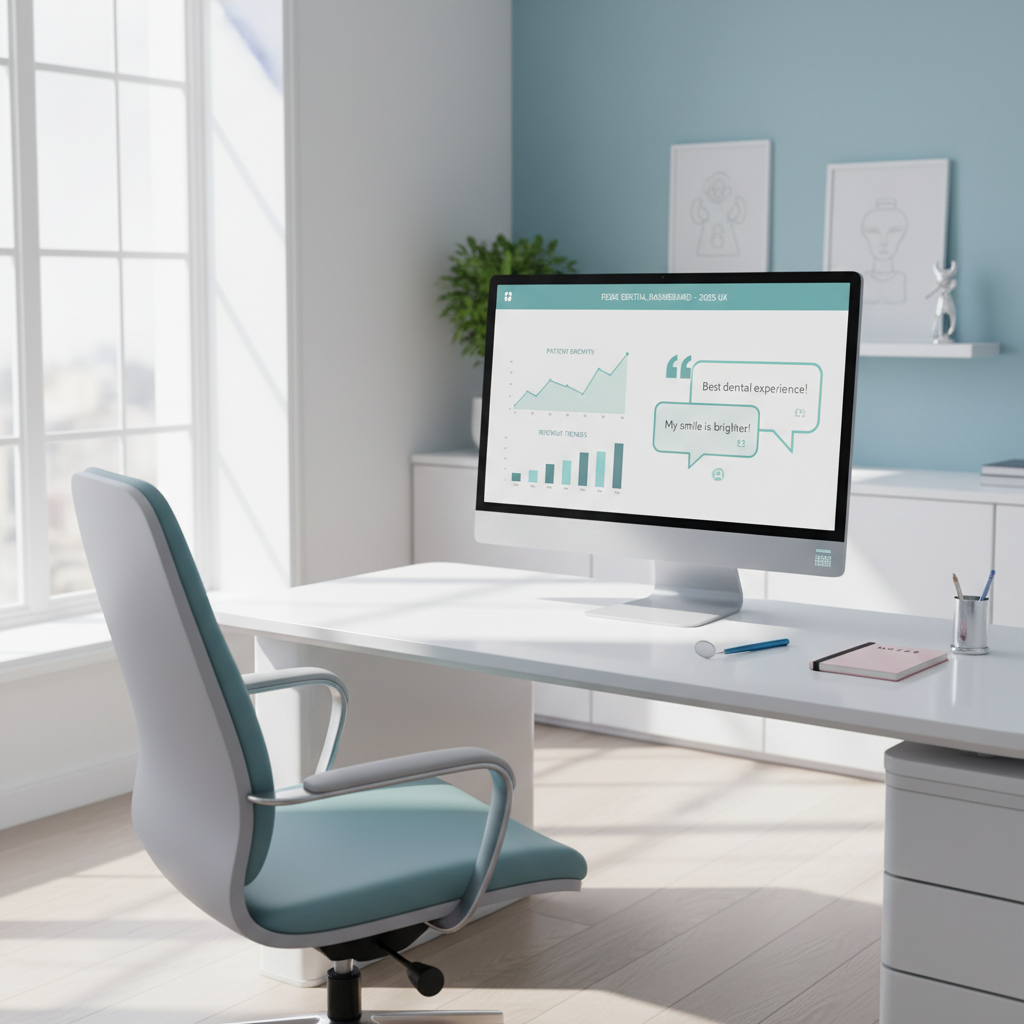 Modern dental workspace with computer, dental tools, notepad, and ergonomic chair in bright clinic setting.