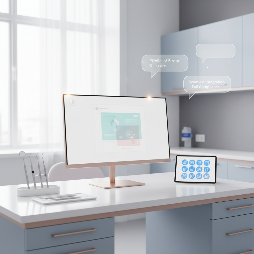 Modern dental workspace with computer, dental tools, tablet, and floating testimonial bubbles.