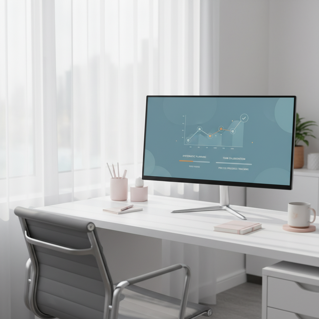 Modern dental workspace with computer displaying digital growth charts and tidy desk setup.
