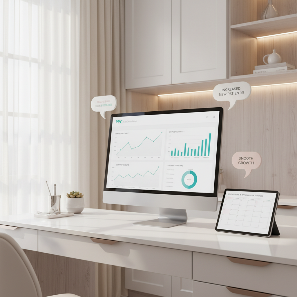 Modern dental workspace with computer displaying PPC dashboard