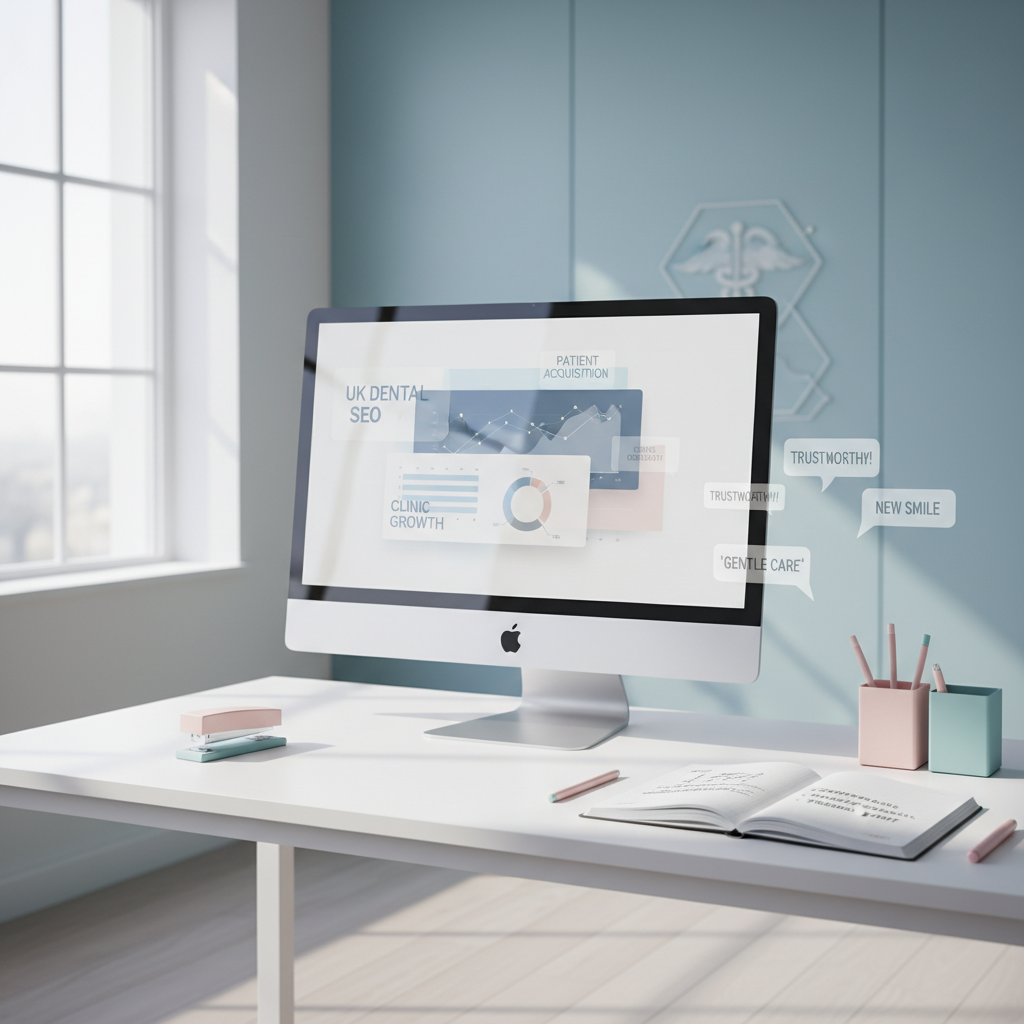 Modern dental workspace with computer, notes, and colorful stationery in bright, clinical setting.