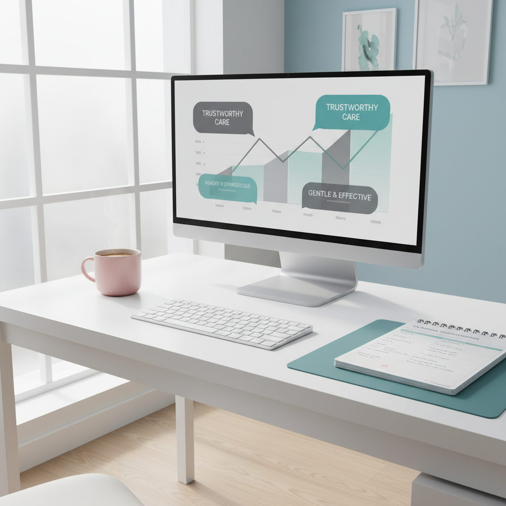 Modern dental workspace with computer, planner, pink mug, and calming teal accents.
