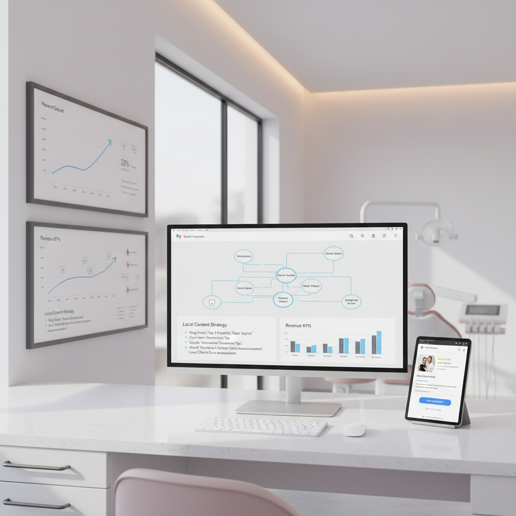 Modern dental workspace with dashboard, charts, and Google Business Profile interface.