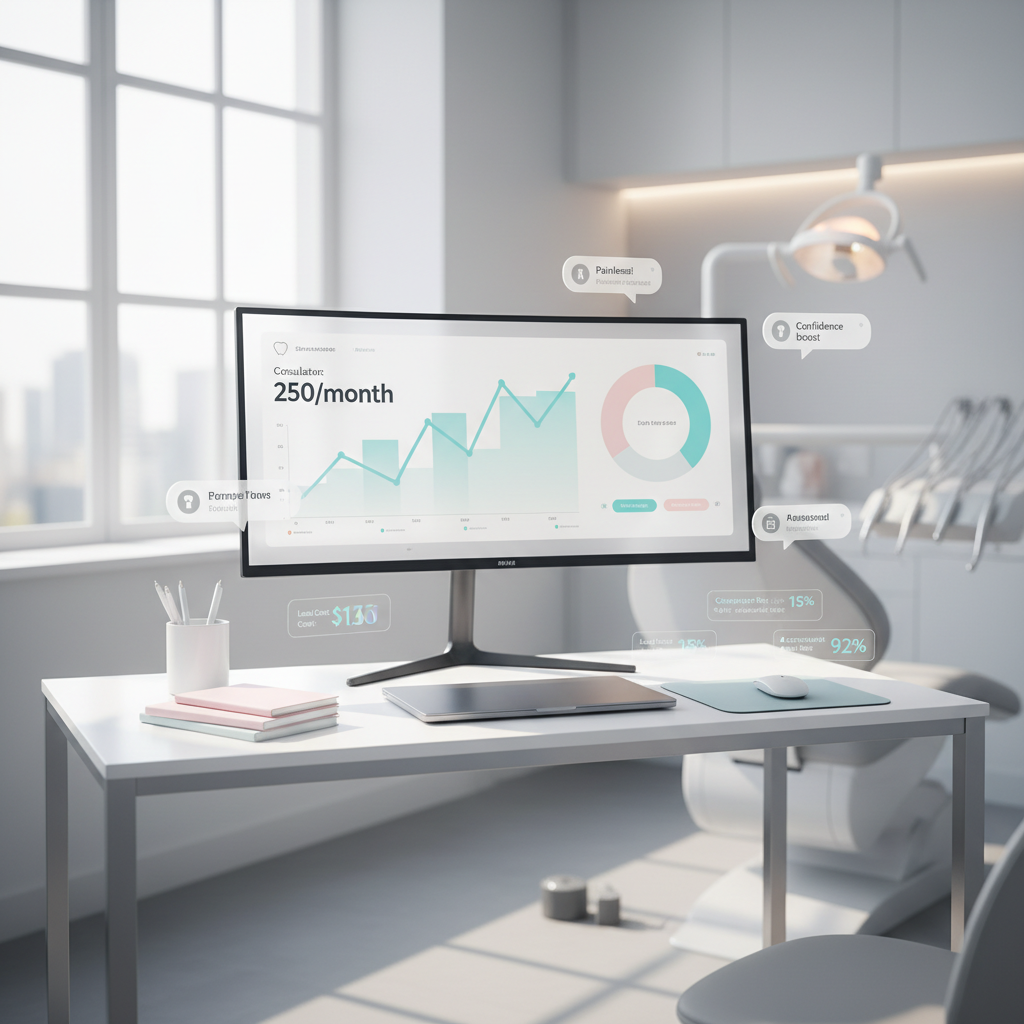 Modern dental workspace with dashboard, testimonial bubbles, and clinical, clean design.