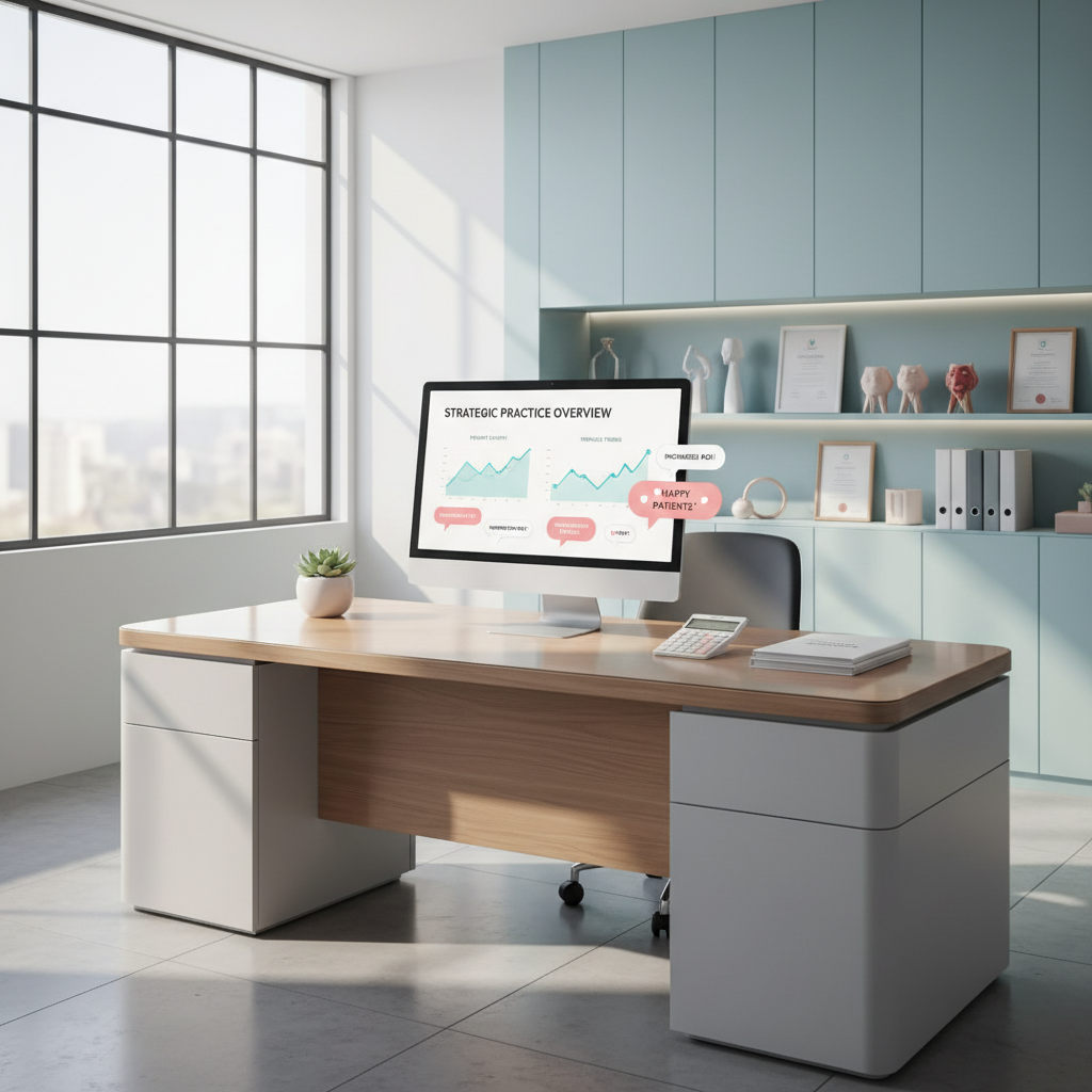 Modern dental workspace with digital dashboard and documents
