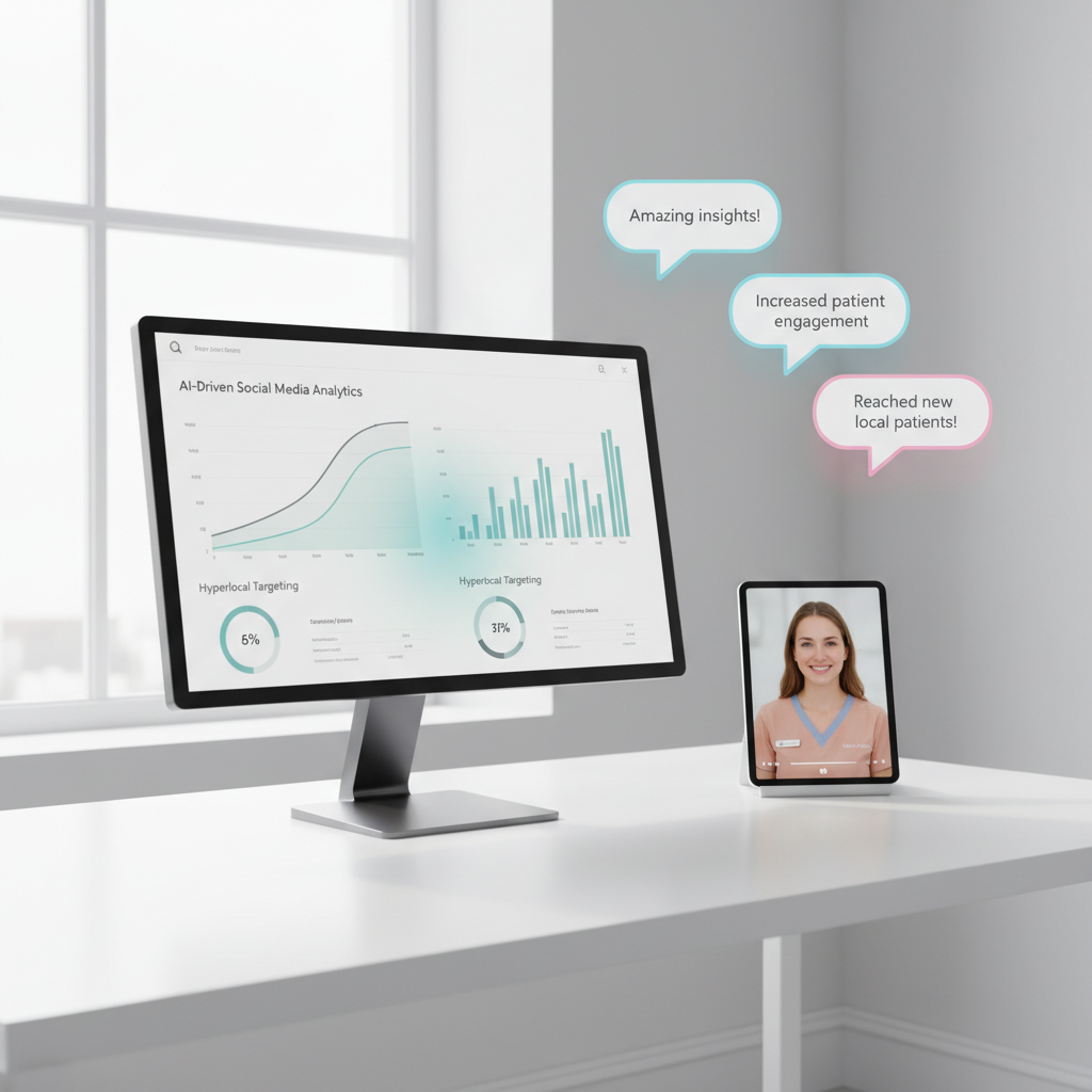 Modern dental workspace with digital dashboard, tablet showing dentist video, testimonial bubbles, and clean design.