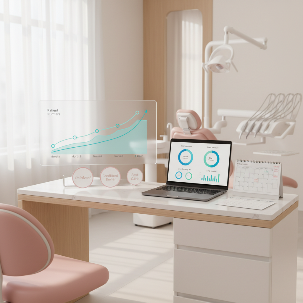 Modern dental workspace with growth charts, engagement stats, and a treatment room background.