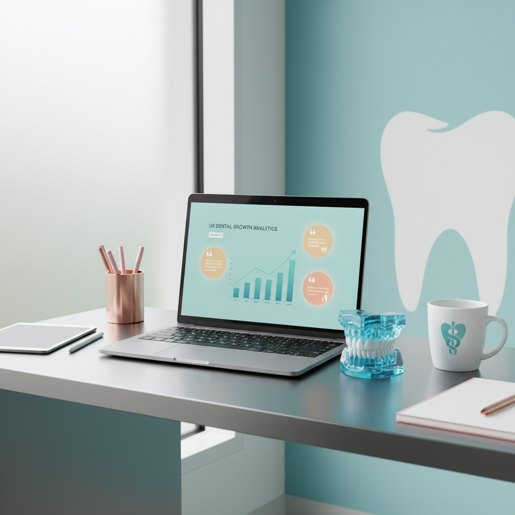 Modern dental workspace with laptop, dental model, tablet, mug, and marketing dashboard.