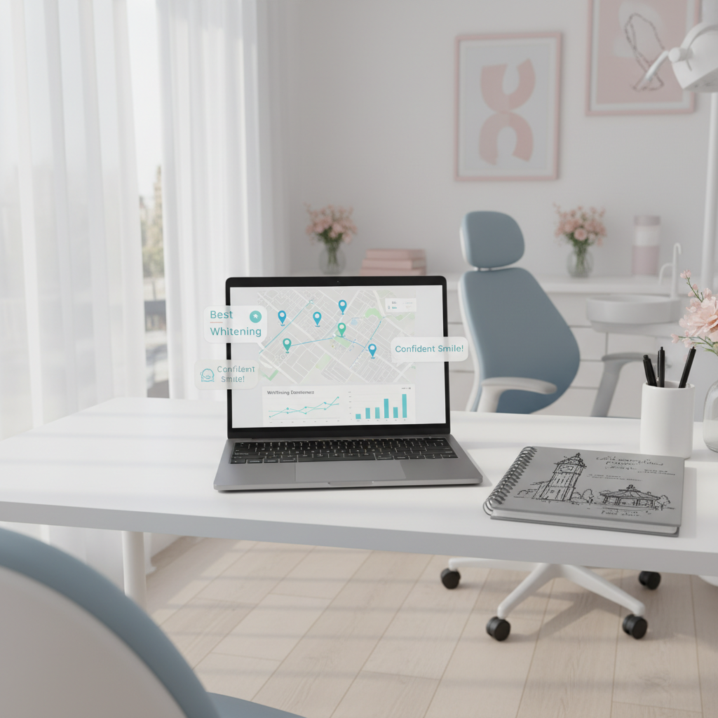 Modern dental workspace with laptop displaying local maps, testimonials, sketches, and growth charts.