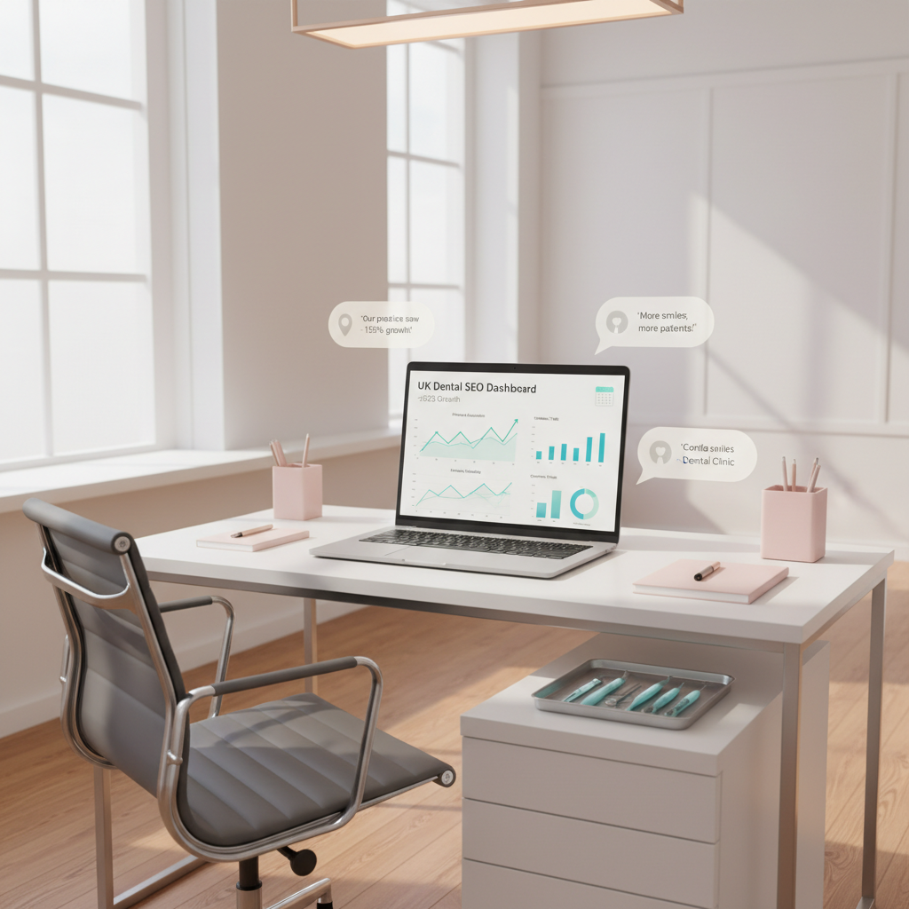 Modern dental workspace with laptop displaying UK SEO dashboard, dental tools, and testimonial bubbles.