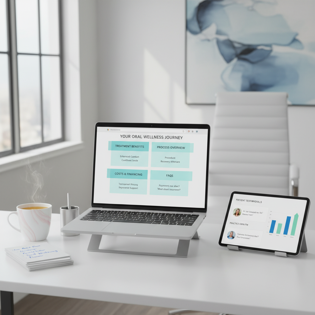 Modern dental workspace with laptop, notes, tea, tablet, and dental-themed decor.