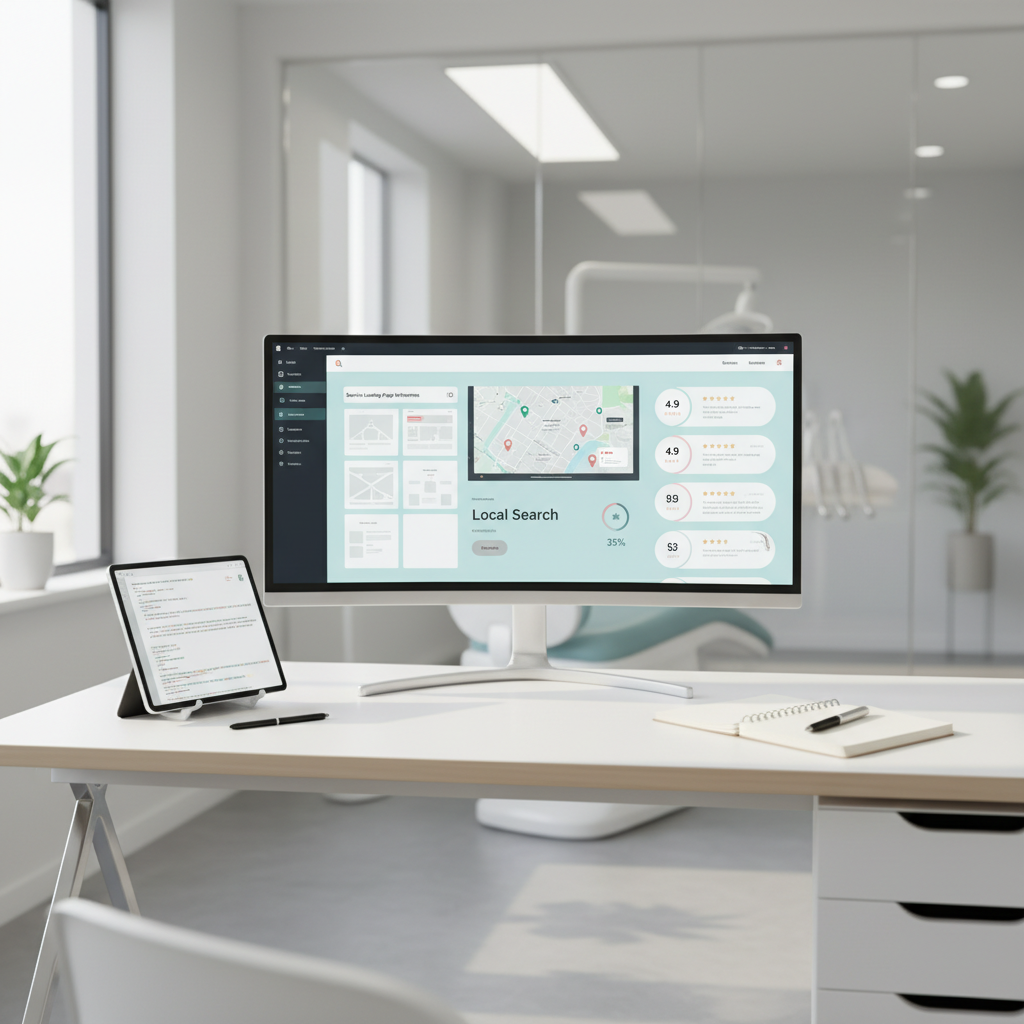 Modern dental workspace with monitor displaying SEO dashboard, tablet with schema code, and planning tools.