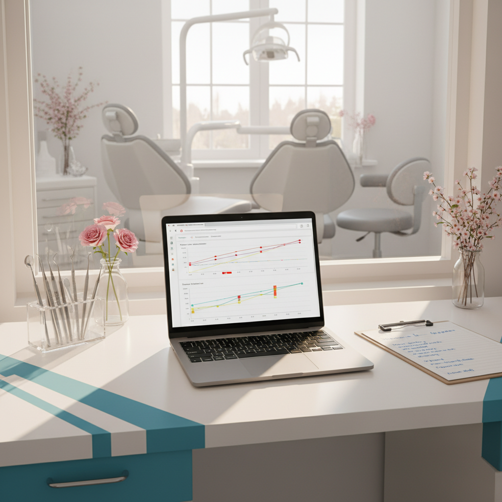 Modern dental workspace with SEO dashboard, dental tools, notes, and clinic view.