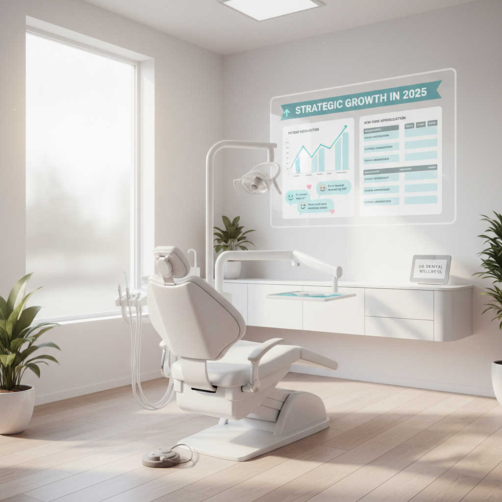 Modern UK dental clinic treatment room with digital workspace displaying growth charts and testimonials.