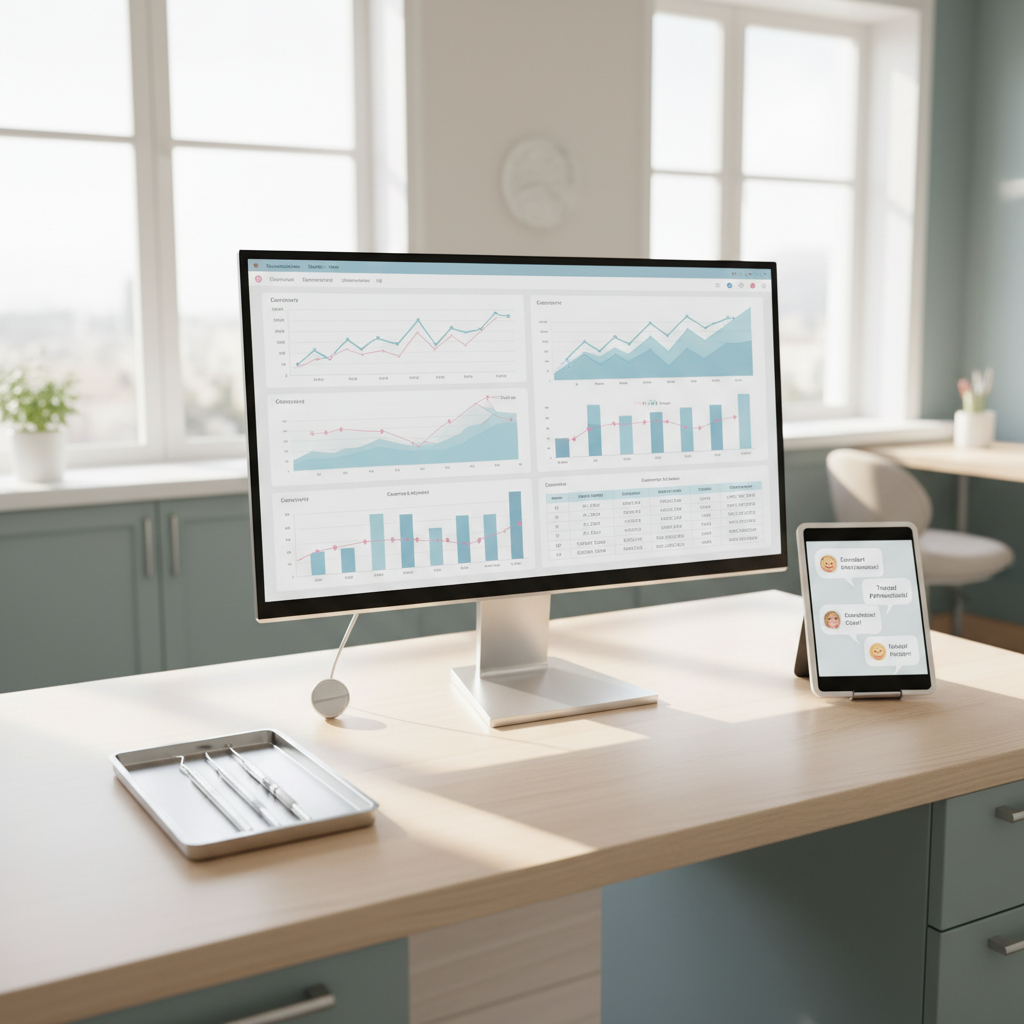 Dental clinic workspace with charts, tools, and testimonial bubbles on digital devices.