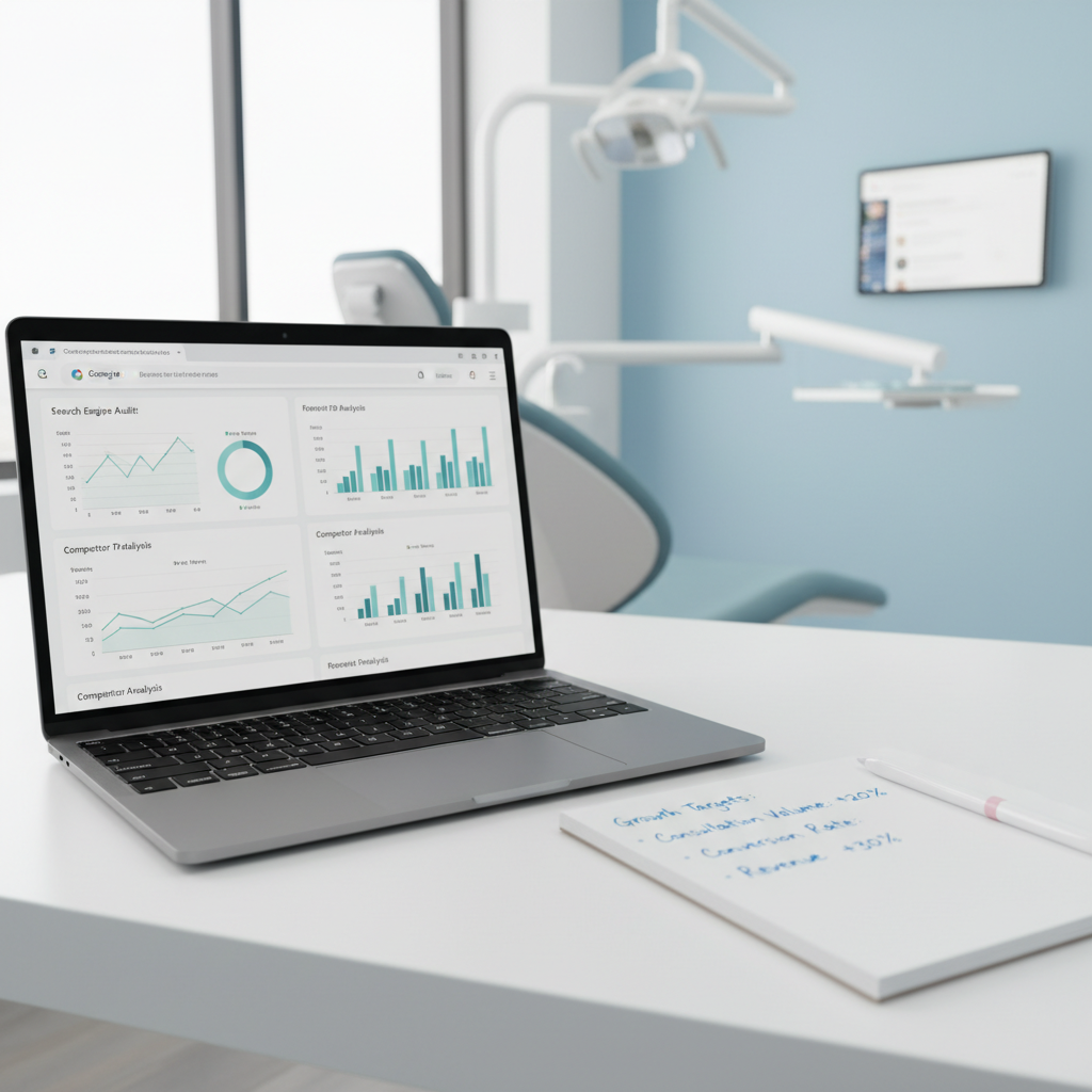 Dental workspace with laptop, notepad, pen, and tablet displaying SEO and Google Business Profile.