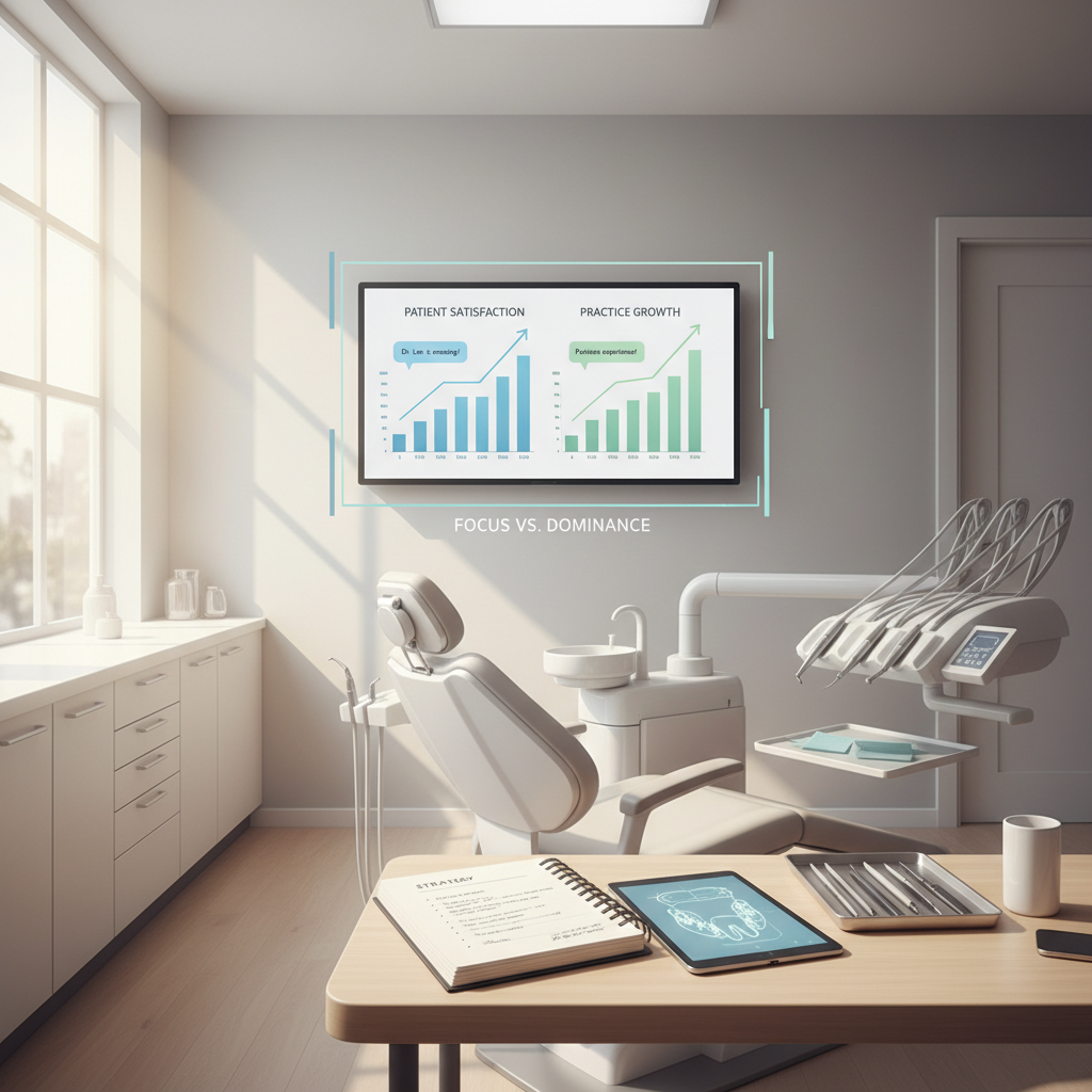 Modern dental clinic with digital dashboard, dental chair, tools, notebook, and tablet.