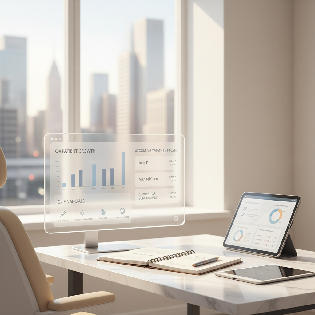 Modern dental clinic with digital dashboard, notebooks, tablet, and professional workspace.