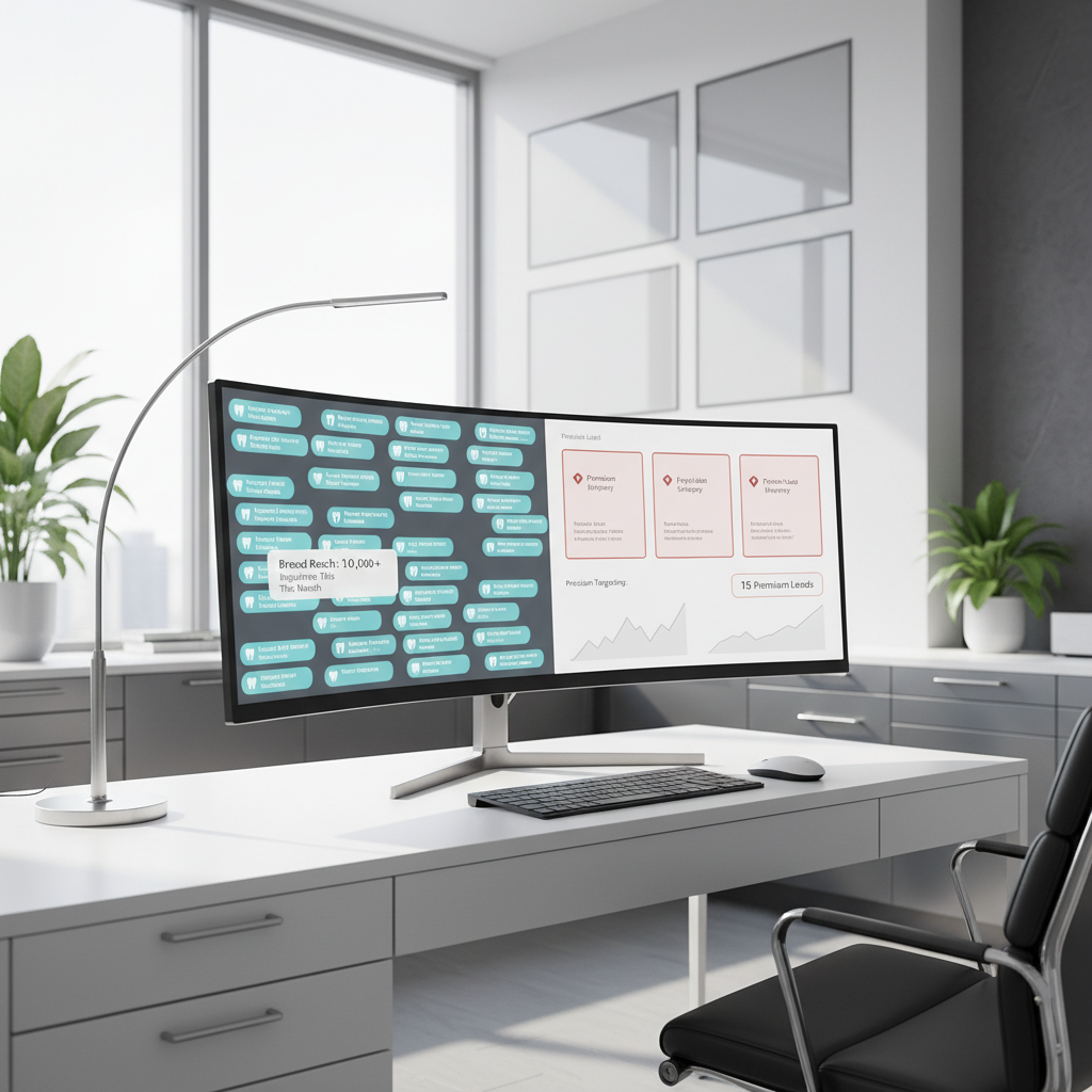 Modern dental clinic with digital dashboards showing inquiry notifications and premium treatment leads.