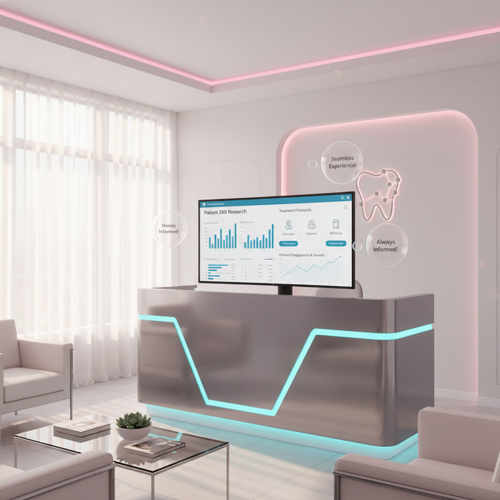 Modern dental clinic with digital research dashboard, testimonial bubbles, and warm, professional decor.