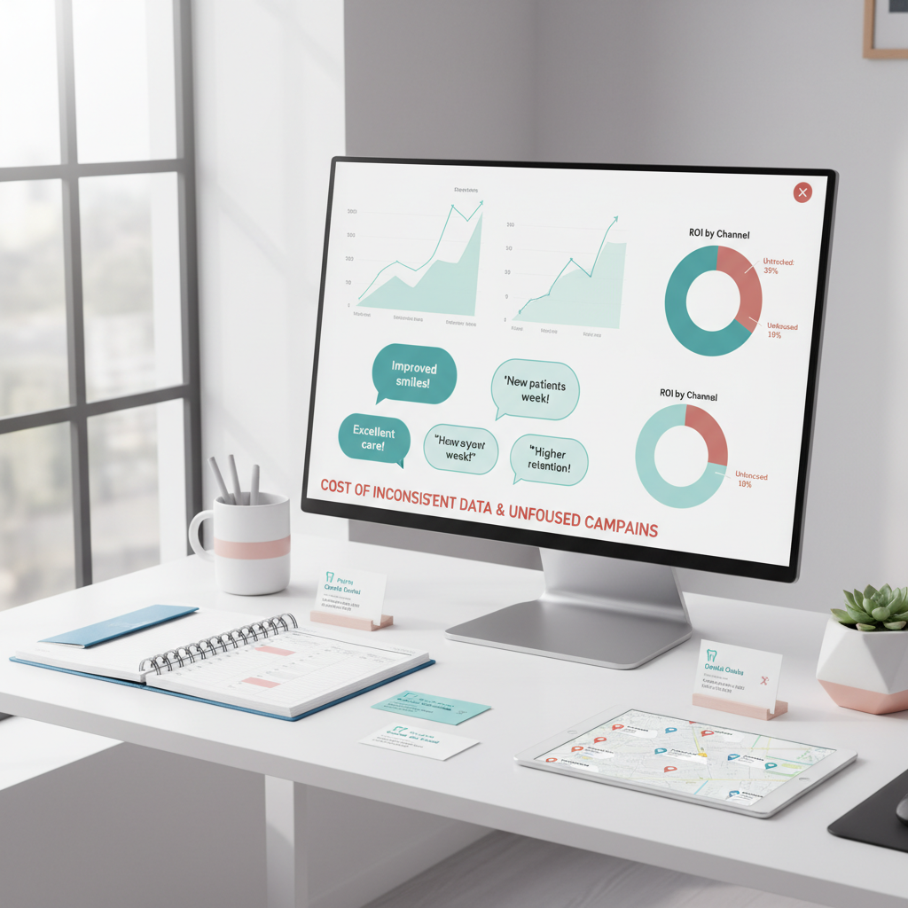 Modern dental clinic workspace with a computer displaying a dental marketing dashboard and related tools.