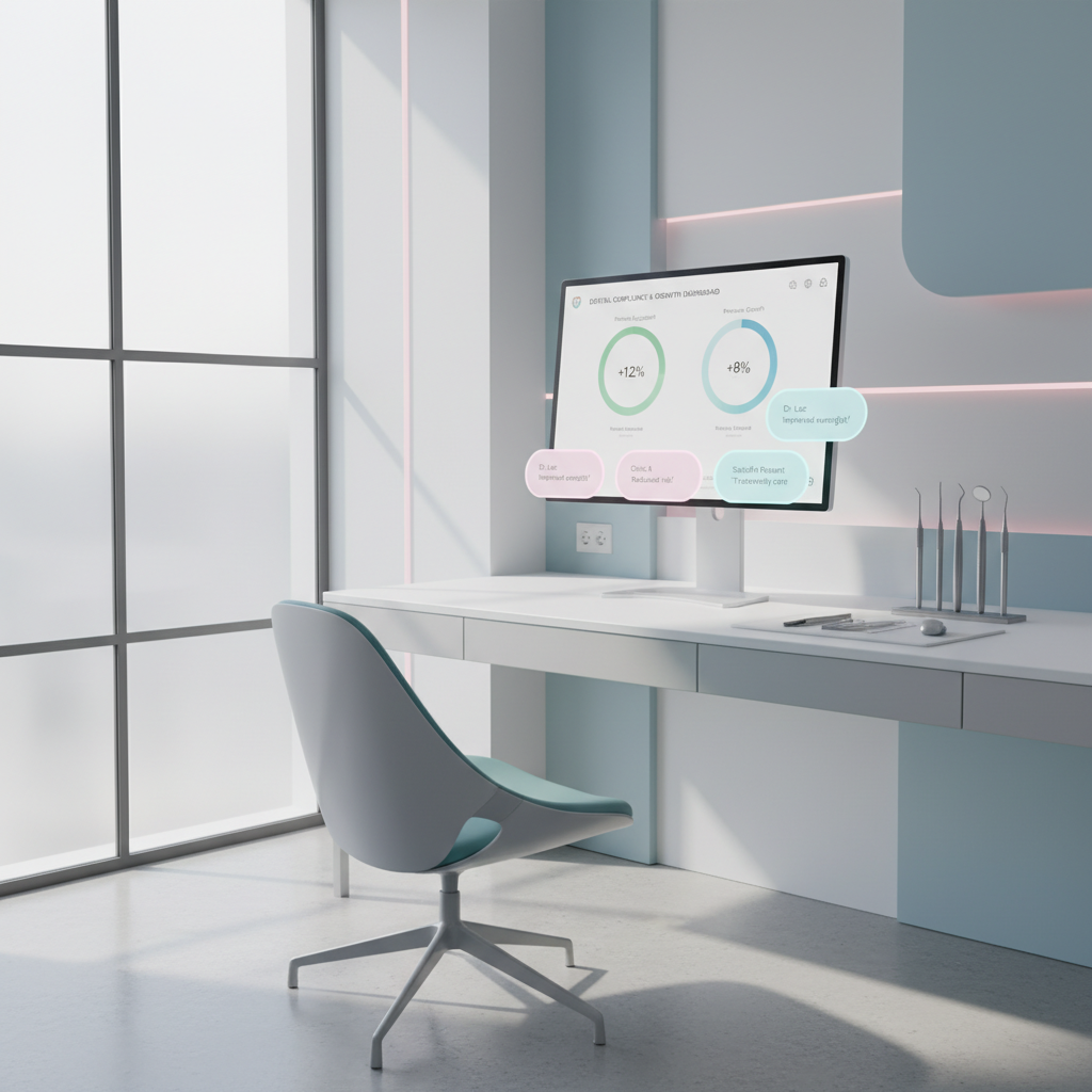 Modern dental clinic workspace with compliance dashboard, clinical tools, and soothing color scheme.