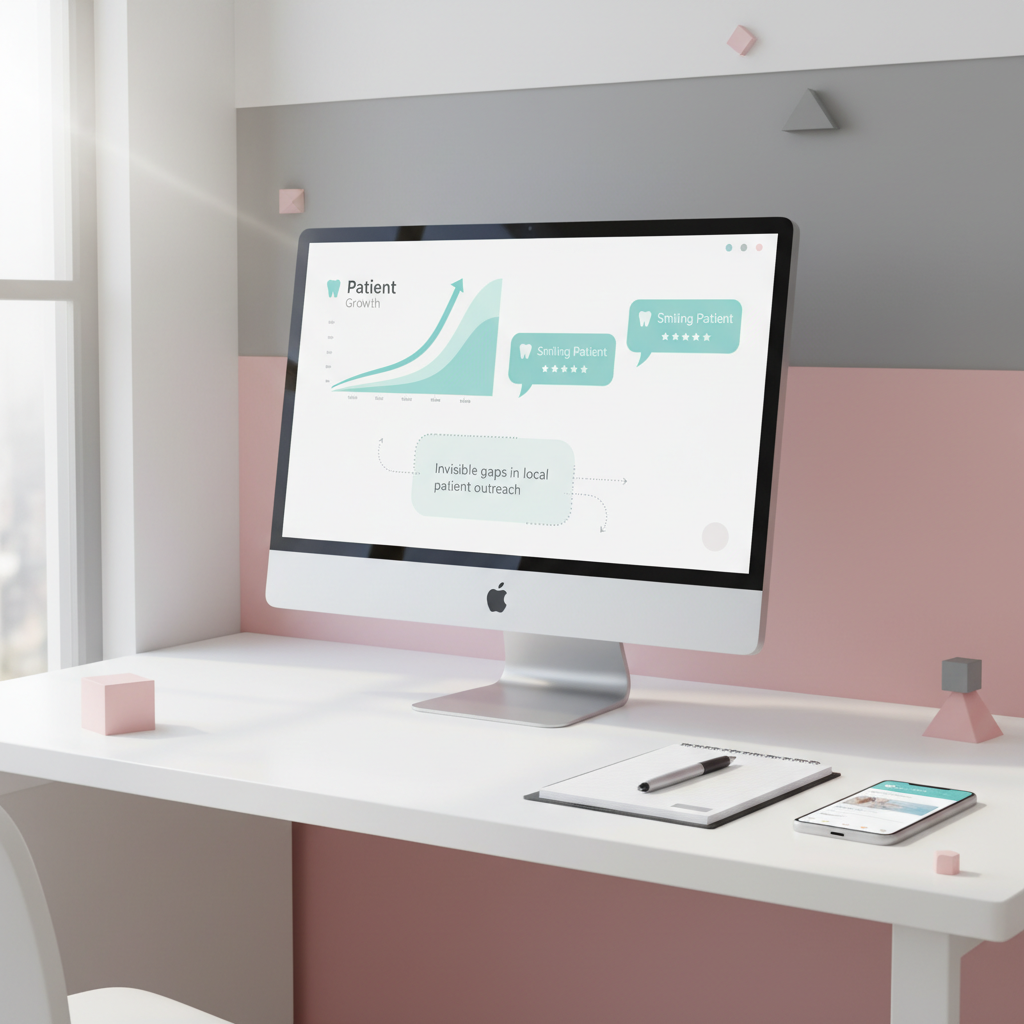 Modern dental clinic workspace with computer, appointment book, smartphone, and subtle color accents.