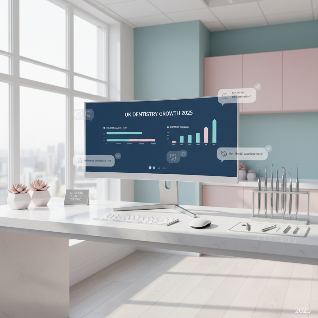 Modern dental clinic workspace with computer displaying dental dashboard, instruments, and soft pastel decor.