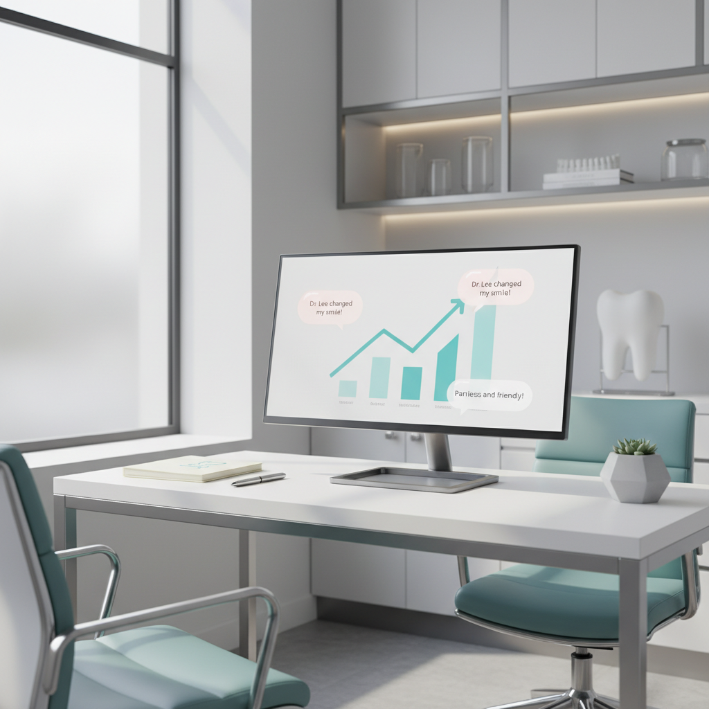 Modern dental clinic workspace with computer displaying growth charts and testimonial bubbles.