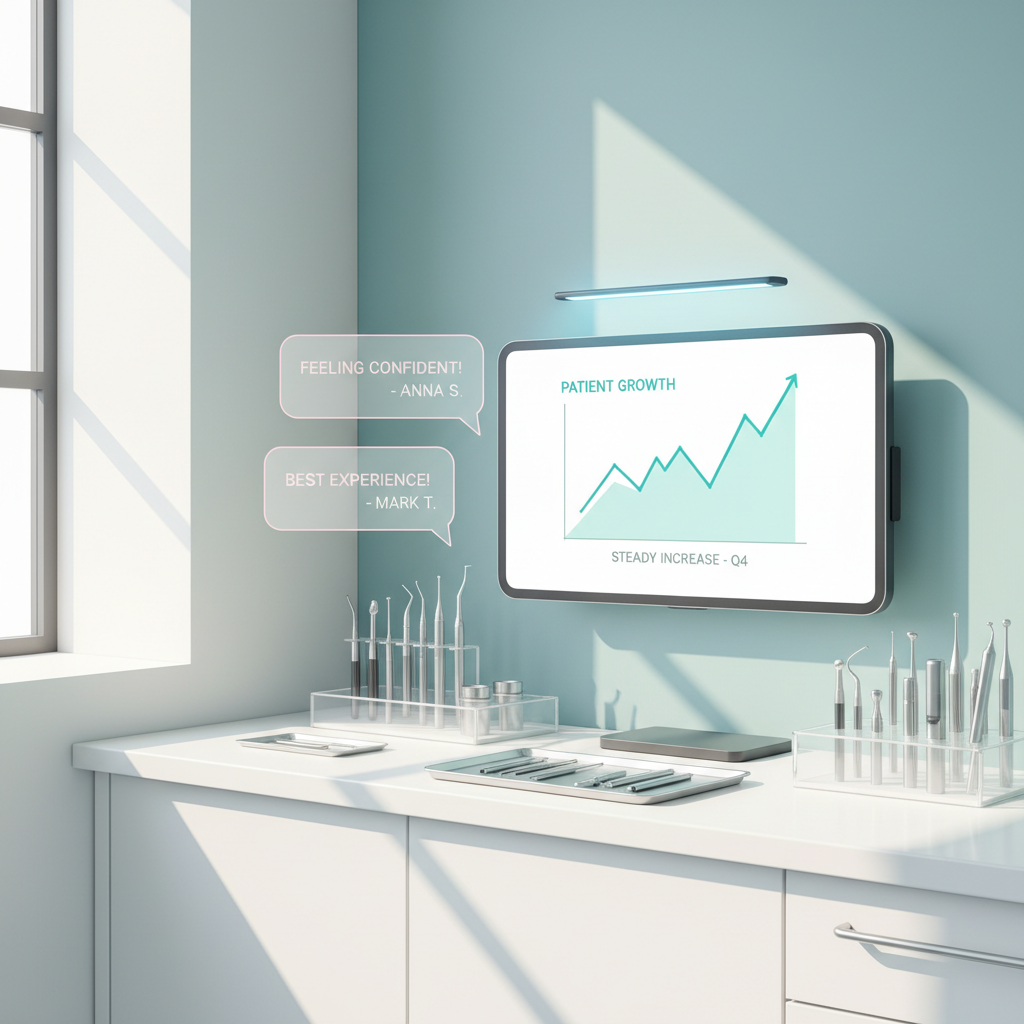 Modern dental clinic workspace with computer displaying growth chart and testimonial bubbles.