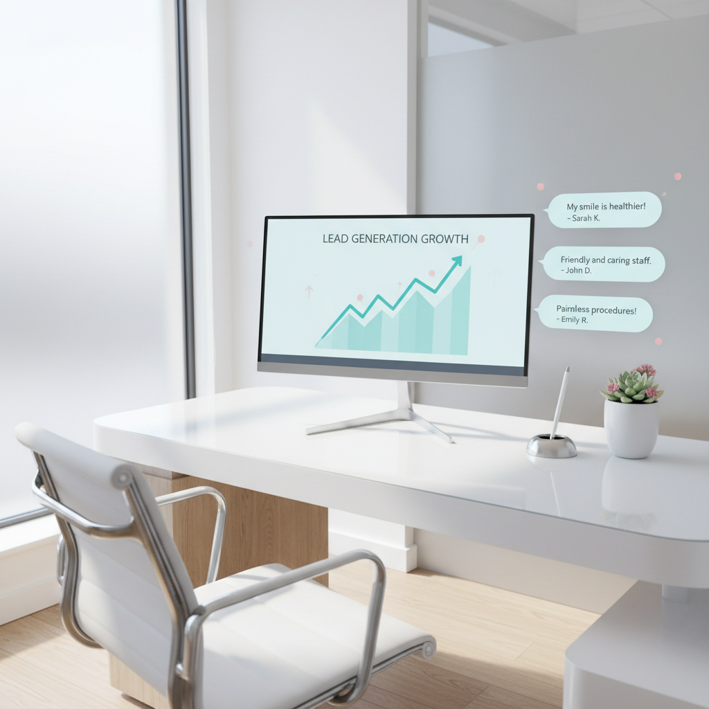Modern dental clinic workspace with computer displaying growth chart and floating testimonial bubbles.