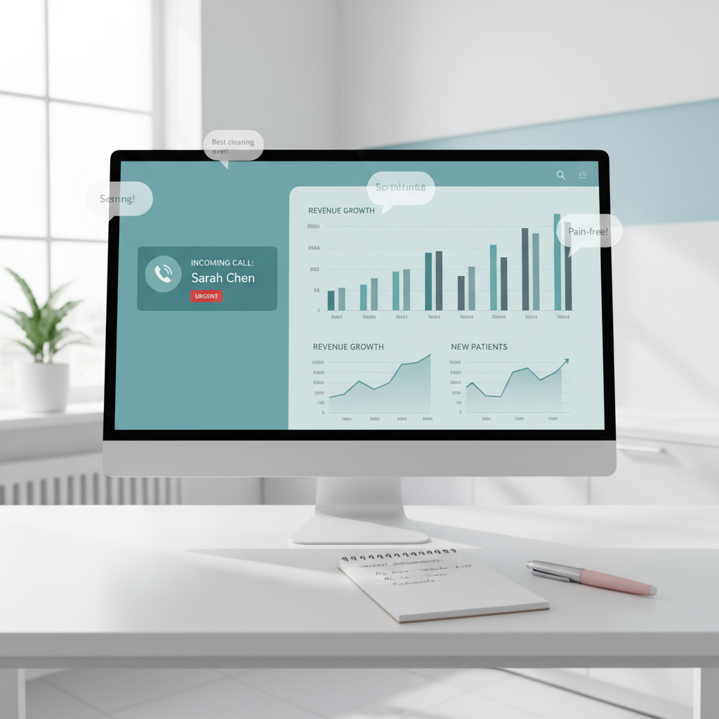 Modern dental clinic workspace with computer displaying dashboard, notes, and testimonial bubbles.