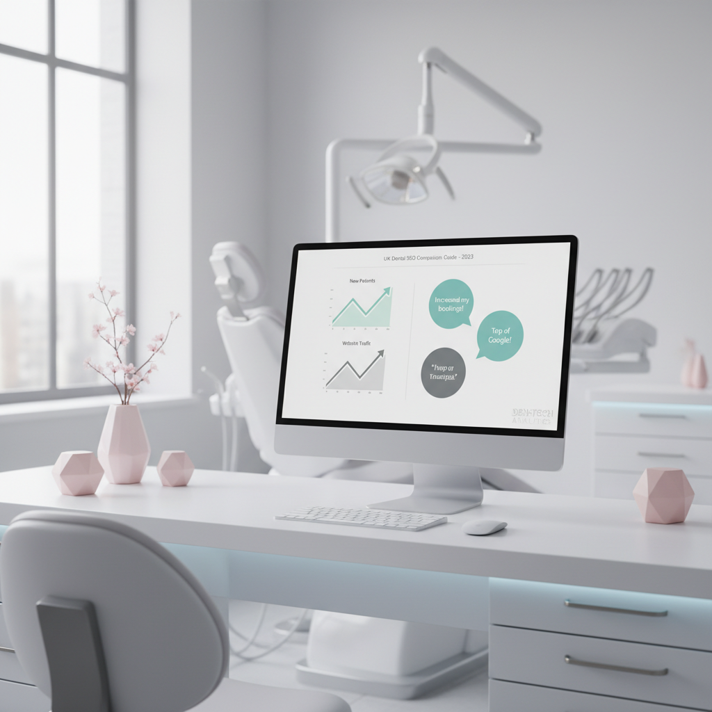 Modern dental clinic workspace with computer displaying growth charts and testimonials in soft teal and gray tones.