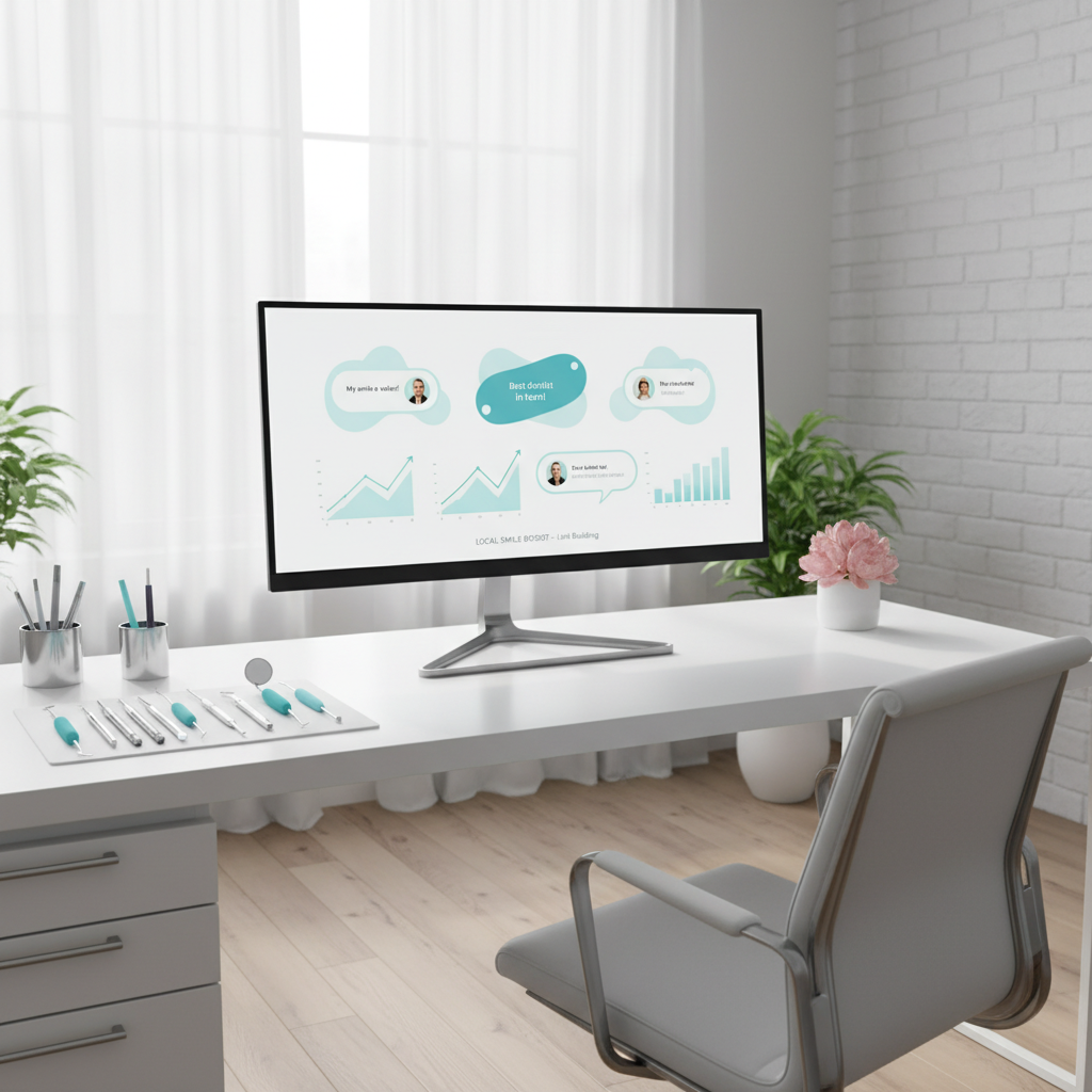Modern dental clinic workspace with computer displaying growth charts and testimonial bubbles.
