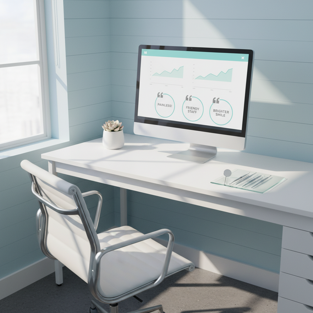 Modern dental clinic workspace with computer displaying a dental dashboard, clean tools, and soft lighting.
