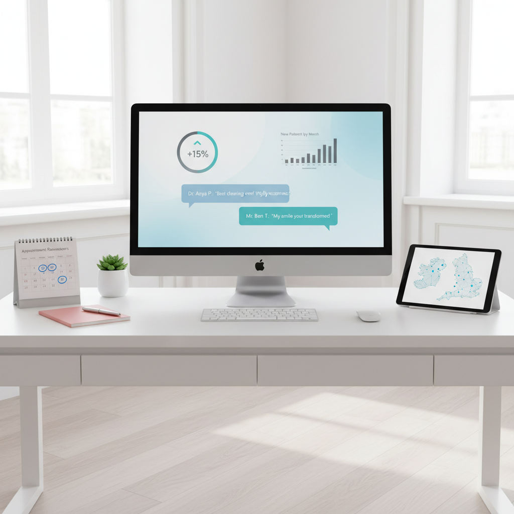 Modern dental clinic workspace with computer, tablet, calendar, and pink notepad in calming tones.