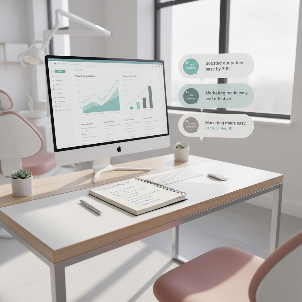 Modern dental clinic workspace with dashboard, notes, and warm accents for UK marketing 2025.