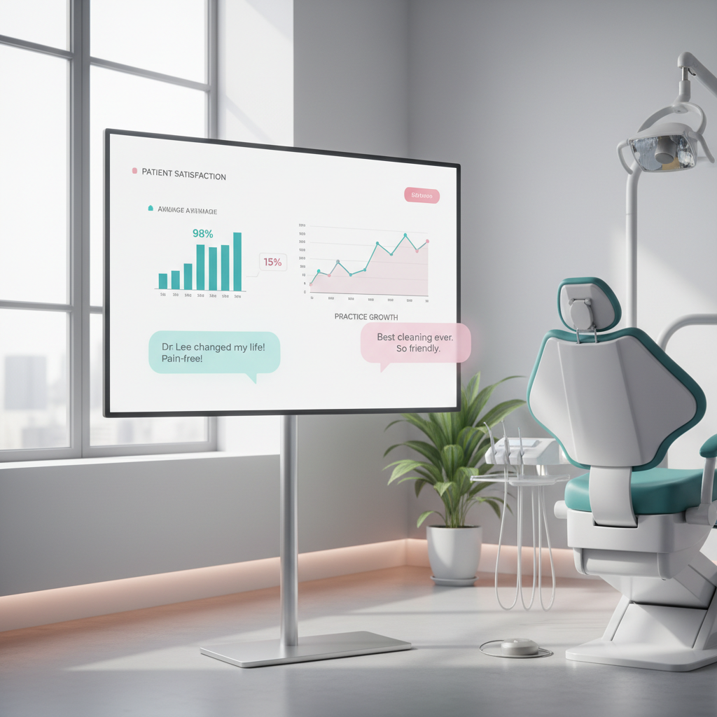 Modern dental clinic workspace with digital dashboard showing performance charts and dental chair.