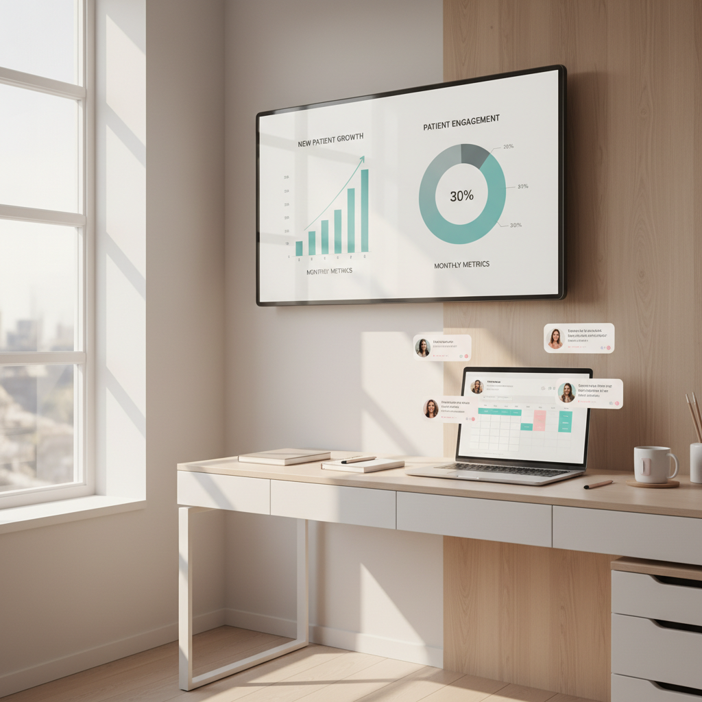 Modern dental clinic workspace with digital dashboard, laptop, stationery, and warm background.