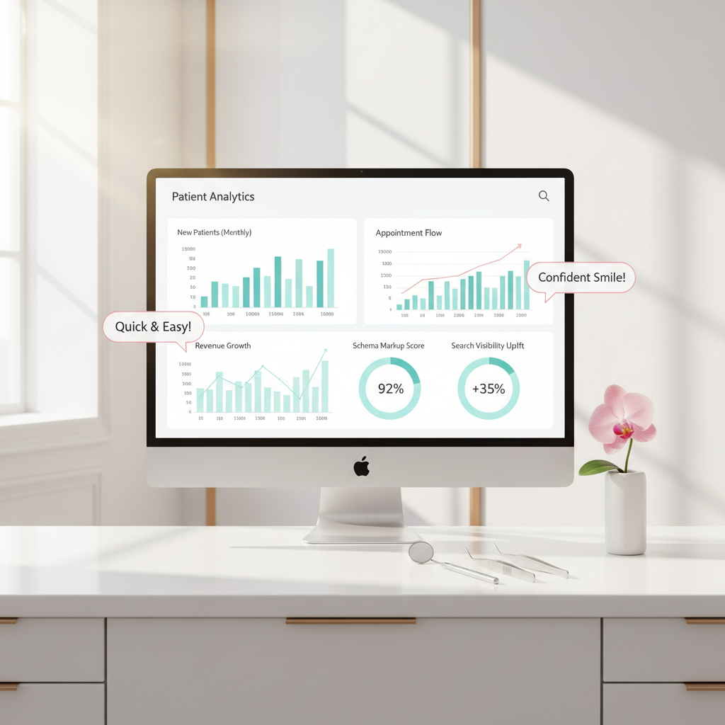 Modern dental clinic workspace with digital dashboard, dental tools, and testimonial bubbles.