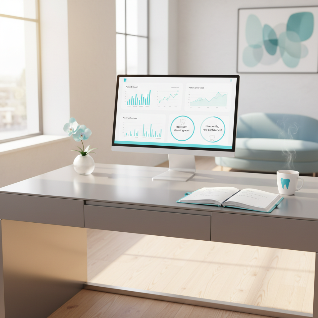Modern dental clinic workspace with digital dashboard, planner, tea, and teal accents.
