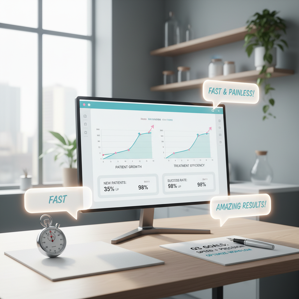 Modern dental clinic workspace with digital dashboard, stopwatch, notepad, pen, and testimonial bubbles.