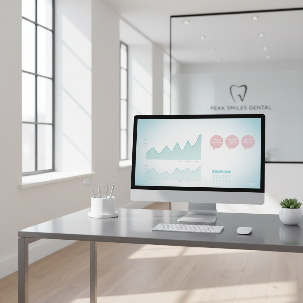 Modern dental clinic workspace with digital dashboard, dental tools, and natural light.