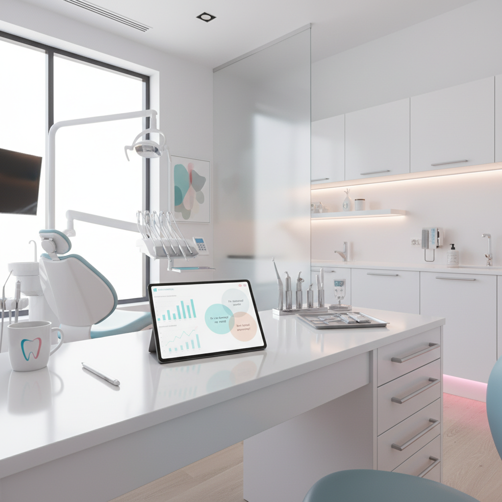 Modern dental clinic workspace with digital dashboard, clinical tools, and calming blue-green accents.
