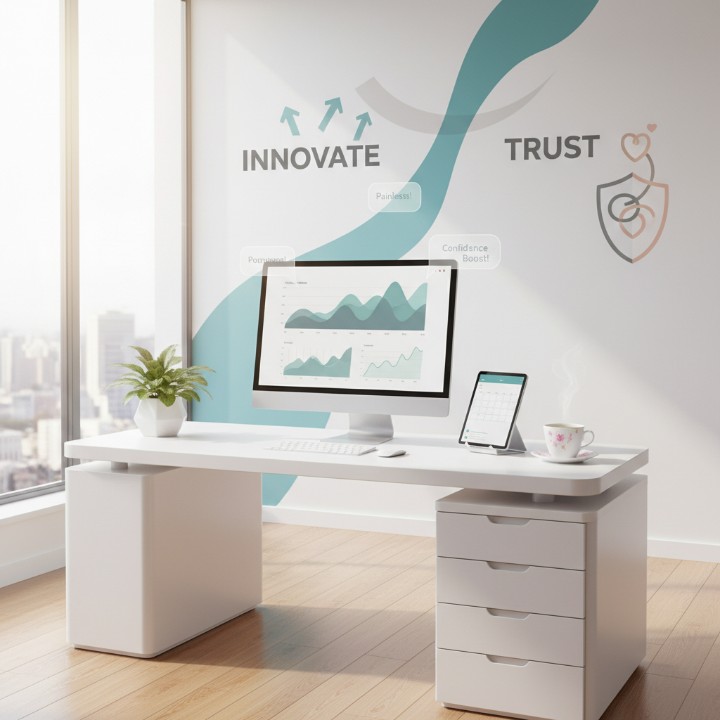 Modern dental clinic workspace with digital dashboard, tablet, tea, and floating testimonial bubbles.