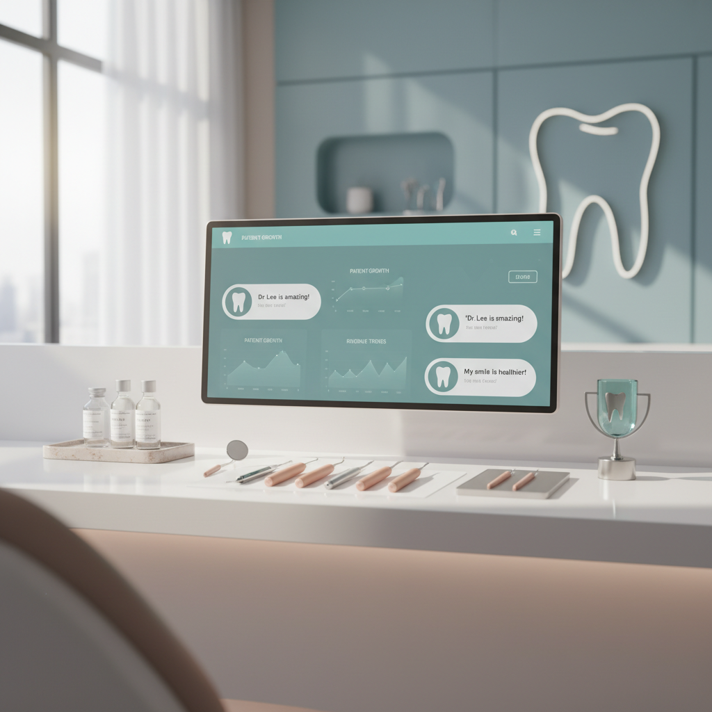 Modern dental clinic workspace with digital dashboard, dental tools, and soft teal and gray tones.