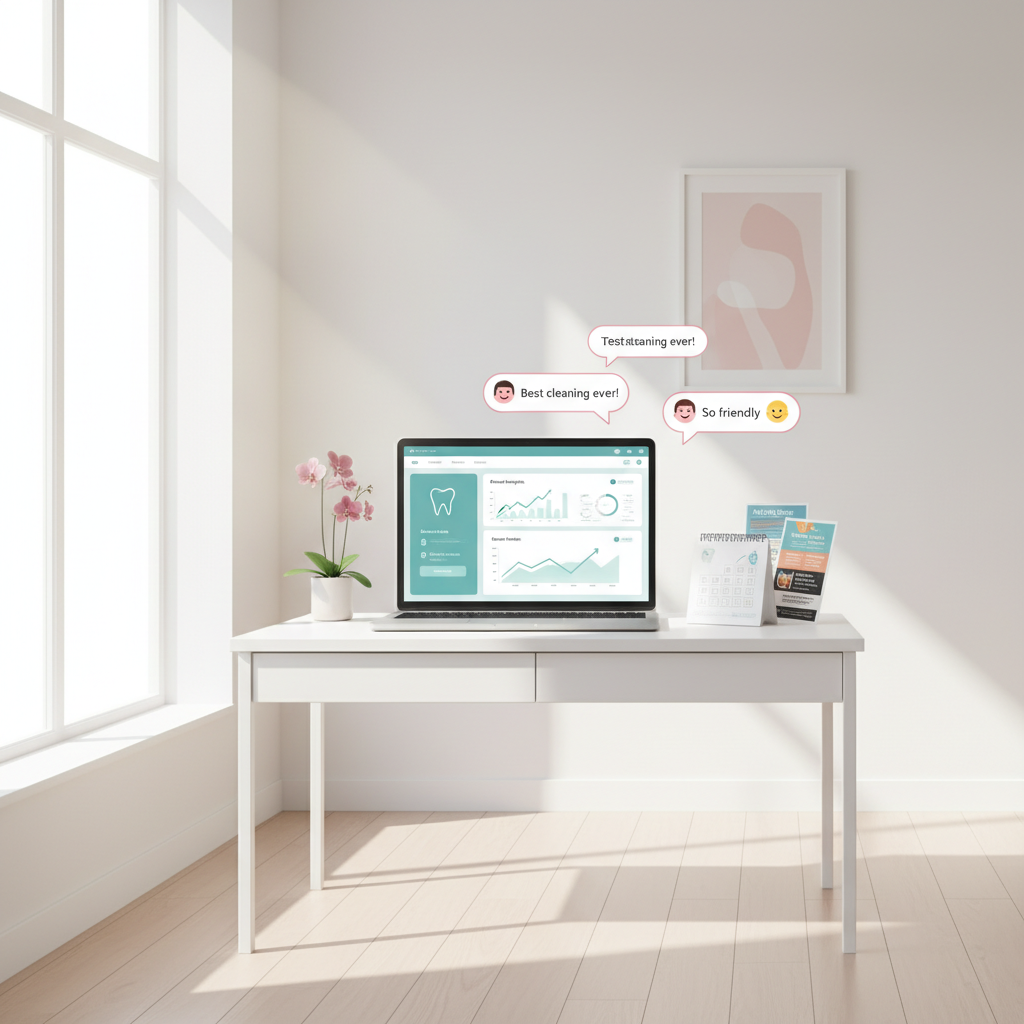 Modern dental clinic workspace with laptop displaying patient analytics, calendar, flyers, and testimonial bubbles.