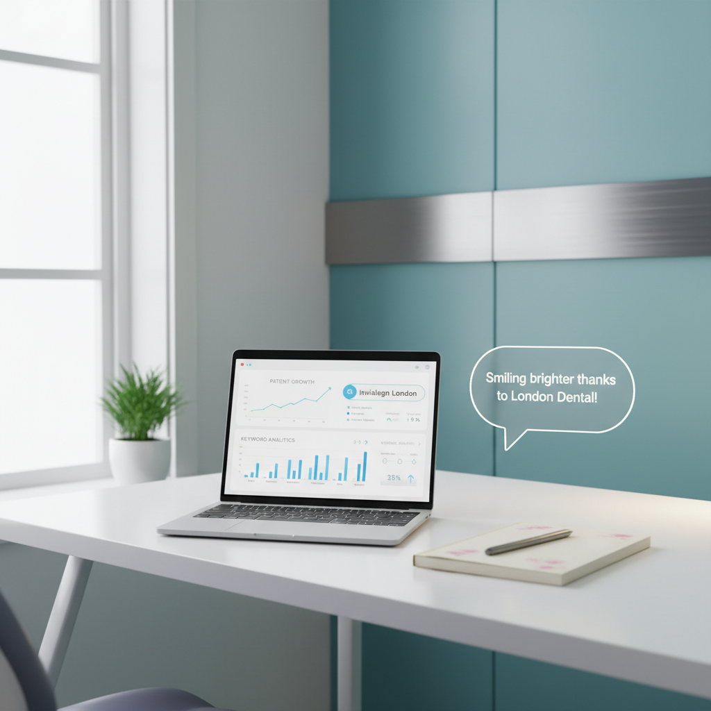 Modern dental clinic workspace with laptop displaying dental dashboard, notepad, pen, and testimonial bubble.
