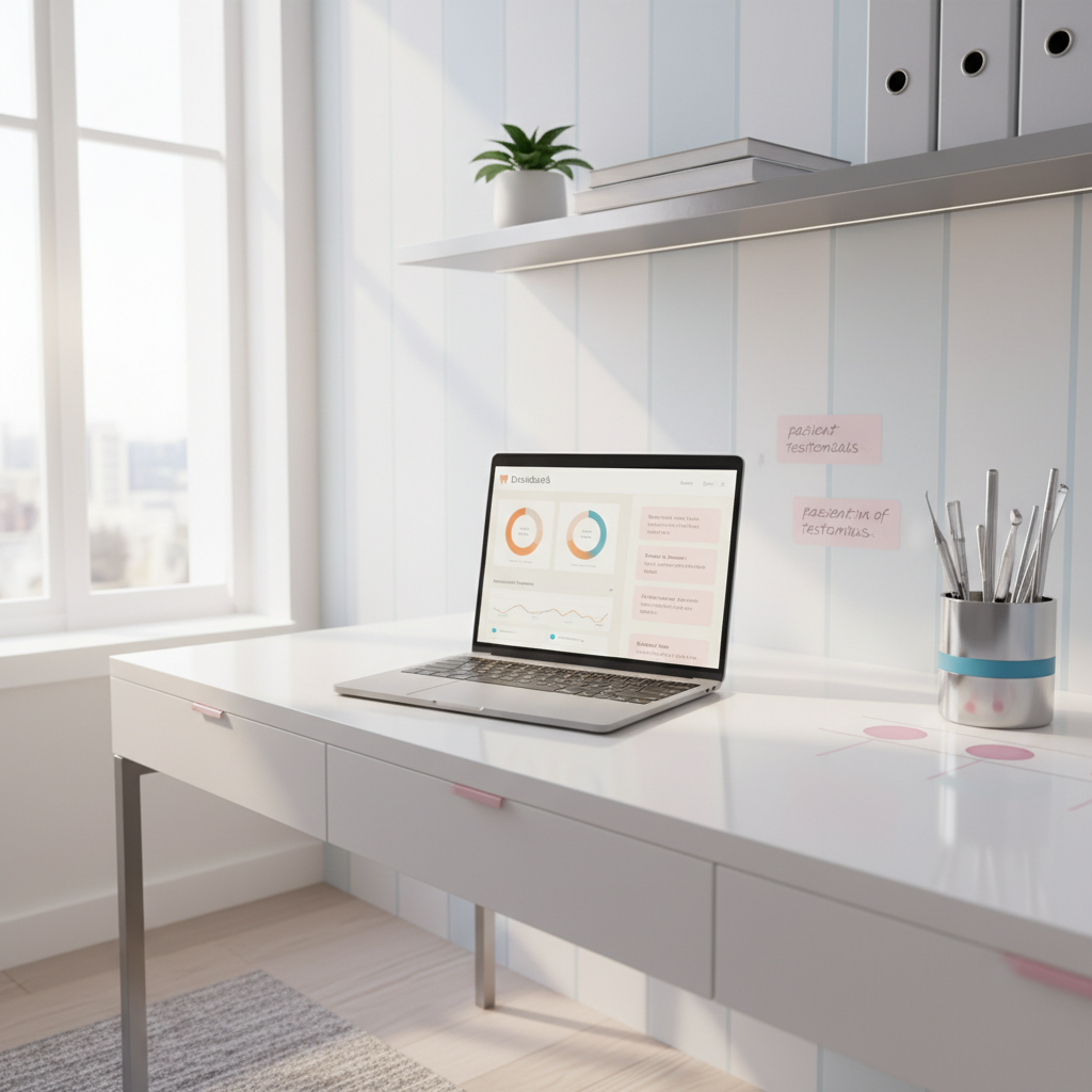 Modern dental clinic workspace with laptop displaying growth charts and dental tools.